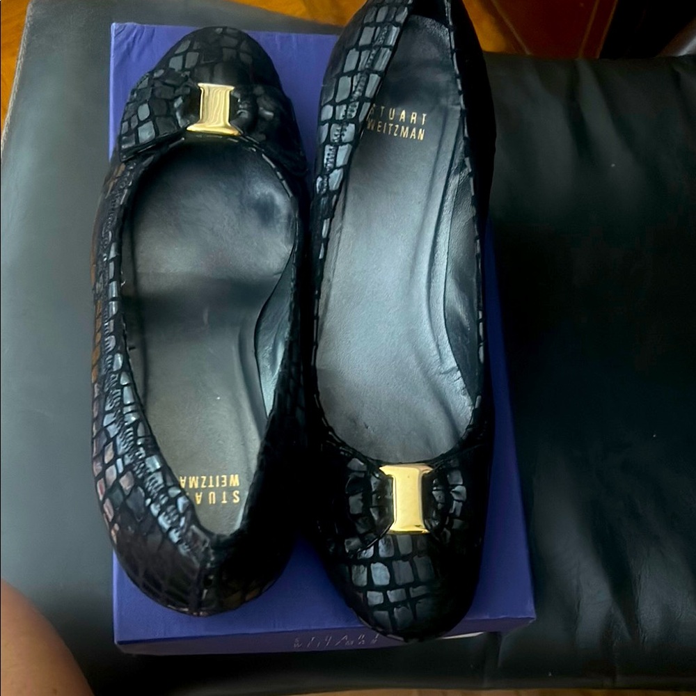 Stuart Weitzman Black Flats with Gold Accent